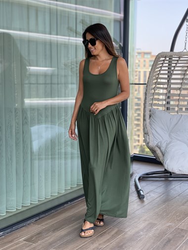 Haki  Eteği Büzgülü Penye Elbise