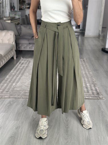 Haki Etek Görünümlü Pileli Kuşaklı Kadın Pantolon