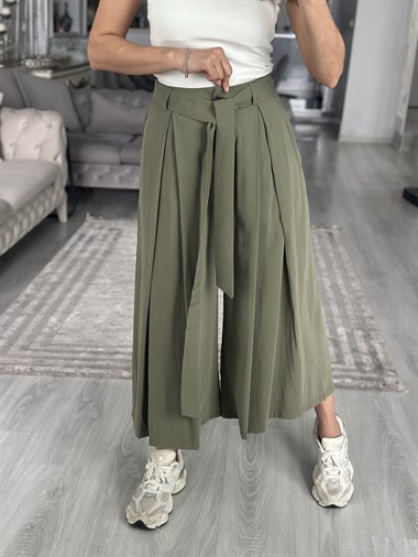 Haki Etek Görünümlü Pileli Kuşaklı Kadın Pantolon