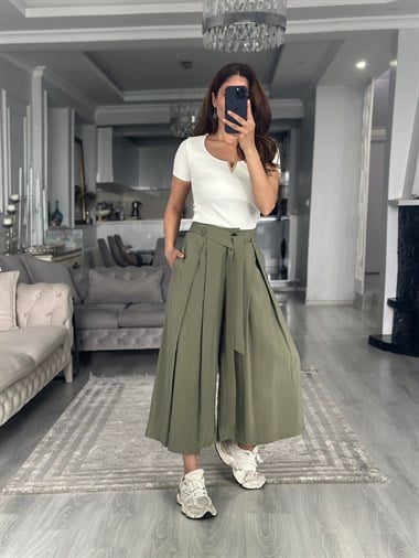 Haki Etek Görünümlü Pileli Kuşaklı Kadın Pantolon