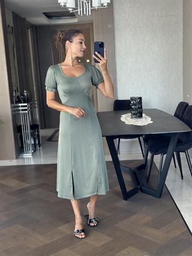 Haki Fitilli Örme Kumaş Prenses Kol Yırtmaçlı Kadın Elbise