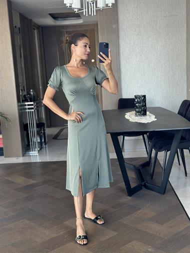 Haki Fitilli Örme Kumaş Prenses Kol Yırtmaçlı Kadın Elbise