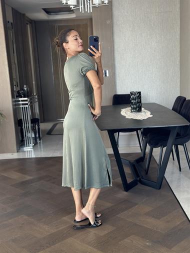 Haki Fitilli Örme Kumaş Prenses Kol Yırtmaçlı Kadın Elbise