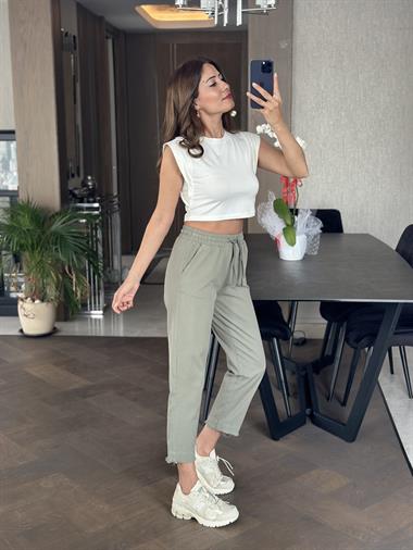 Haki Gabardin Beli Lastikli Ve Bağcıklı Cepli Kadın Pantolon