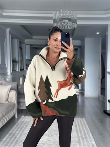 Haki Geyik Ve Çam Desenli Kadın Sweatshirt