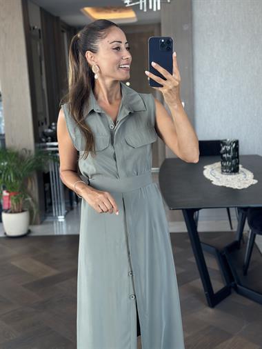 Haki Gizli İlik Detay Sıfır Kol Kuşaklı Midiboy Kadın Gömlek Elbise 
