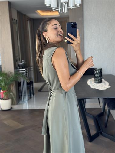 Haki Gizli İlik Detay Sıfır Kol Kuşaklı Midiboy Kadın Gömlek Elbise 