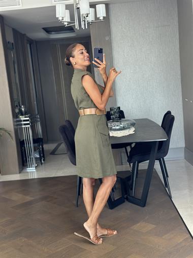 Haki Hakim Yaka Kemerli Dört Cepli Keten Kadın Mini Elbise