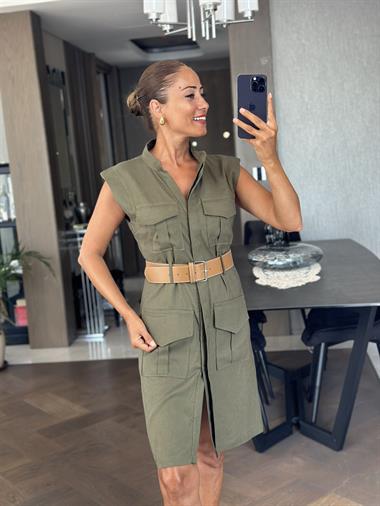 Haki Hakim Yaka Kemerli Dört Cepli Keten Kadın Mini Elbise