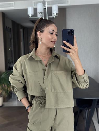 Haki İki Cepli Gömlek Pantolon Kadın İkili Takım