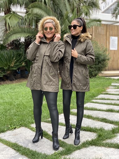 Haki Kapüşonlu İçi Kürklü Bel Ayarlanabilir Kadın Parka