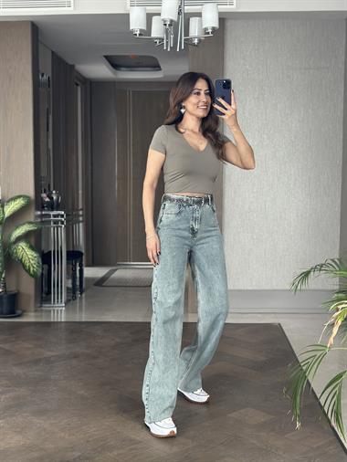 Haki Karol V Yaka Kısa Kol Kadın Crop Body