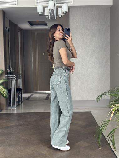 Haki Karol V Yaka Kısa Kol Kadın Crop Body