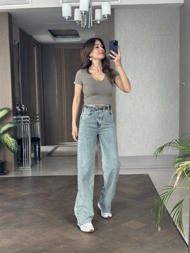 Haki Karol V Yaka Kısa Kol Kadın Crop Body