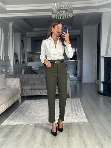 Haki Kemerli Flatolu Kadın Kumaş Pantolon