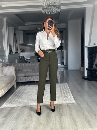 Haki Kemerli Flatolu Kadın Kumaş Pantolon