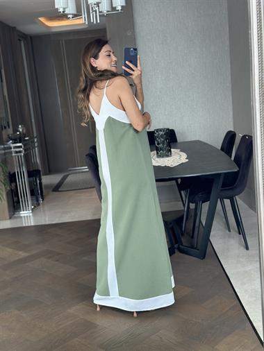 Haki Keten Askılı Kalın Şerit Detay Kadın Elbise 