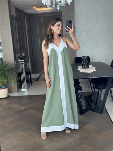 Haki Keten Askılı Kalın Şerit Detay Kadın Elbise 