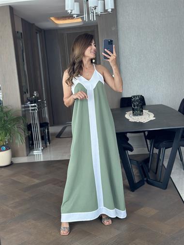 Haki Keten Askılı Kalın Şerit Detay Kadın Elbise 