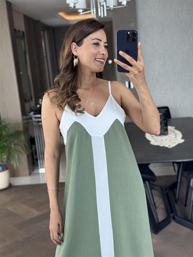 Haki Keten Askılı Kalın Şerit Detay Kadın Elbise 