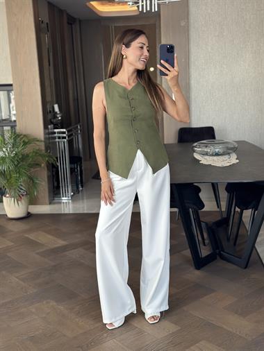 Haki Keten Beş Düğmeli Astarlı Kadın Yelek