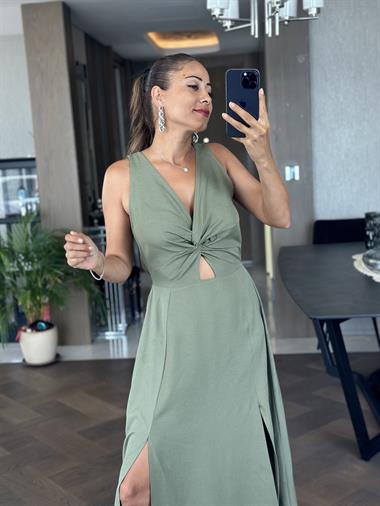Haki Keten Önü Düğüm Detay Arka Beli Lastikli Sıfır Kol Yırtmaçlı Midi Boy Kadın Elbise 