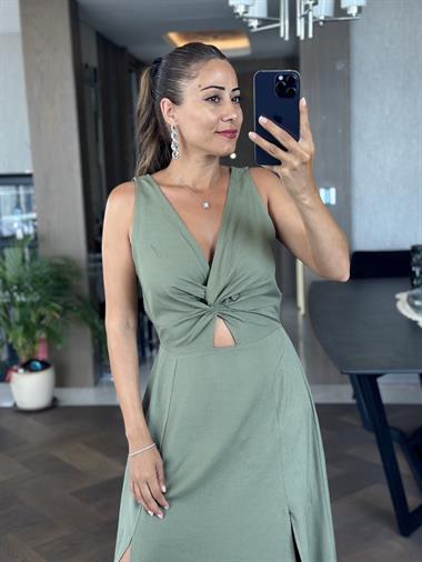 Haki Keten Önü Düğüm Detay Arka Beli Lastikli Sıfır Kol Yırtmaçlı Midi Boy Kadın Elbise 