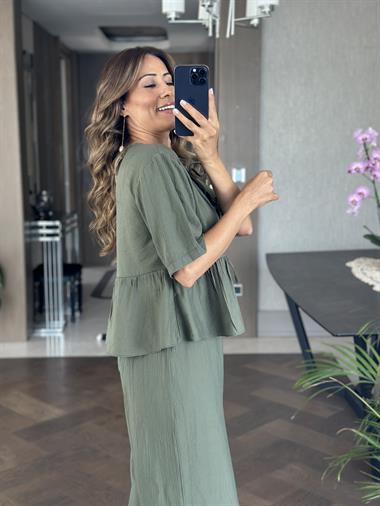 Haki Kısa Kol Önü Bağlamalı Bluz Cepsiz Pantolon Kadın İkili Takım