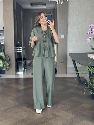 Haki Kısa Kol Önü Bağlamalı Bluz Cepsiz Pantolon Kadın İkili Takım