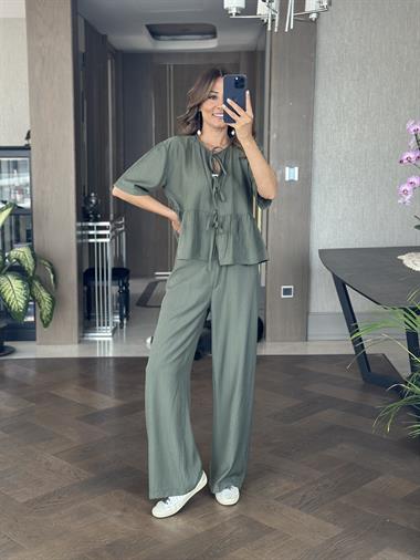Haki Kısa Kol Önü Bağlamalı Bluz Cepsiz Pantolon Kadın İkili Takım