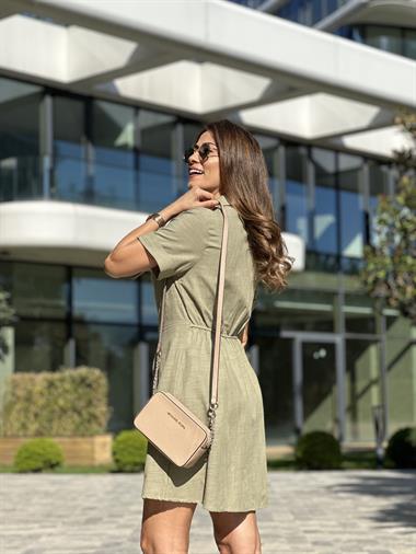 Haki Kısa Kol Önü İki Cepli Kadın Gömlek Elbise