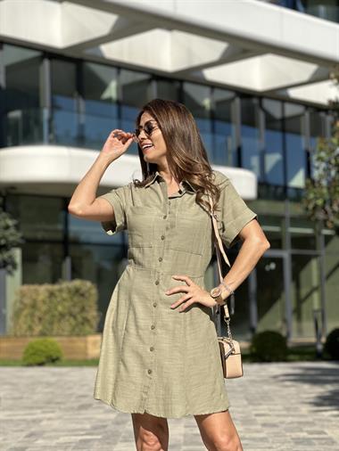 Haki Kısa Kol Önü İki Cepli Kadın Gömlek Elbise