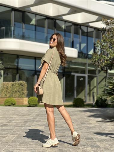 Haki Kısa Kol Önü İki Cepli Kadın Gömlek Elbise