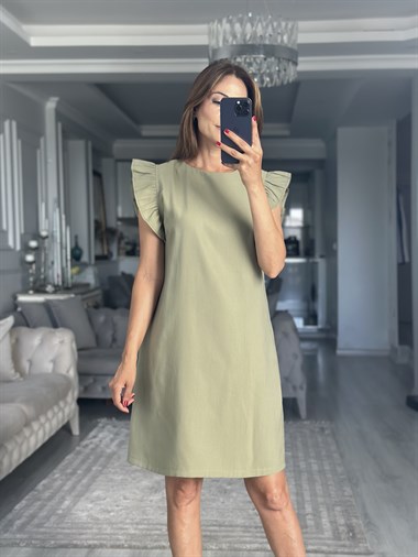 Haki Kolları Fırfırlı Cepli Mini Kadın Mini Elbise 