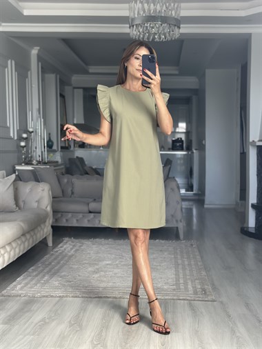 Haki Kolları Fırfırlı Cepli Mini Kadın Mini Elbise 