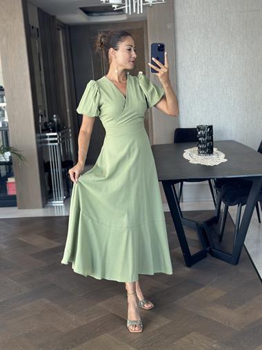 Haki Kruvaze Yaka Kuşaklı Kol Uçları Lastikli Midi Boy Kadın Elbise