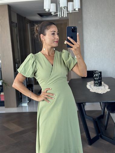 Haki Kruvaze Yaka Kuşaklı Kol Uçları Lastikli Midi Boy Kadın Elbise