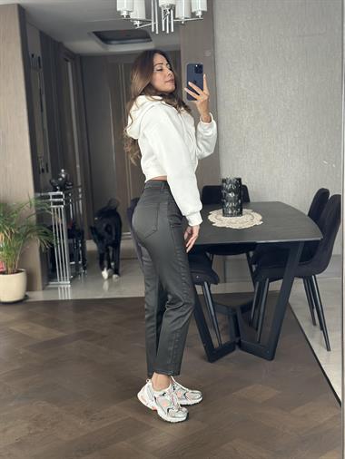 Haki Mumlu Paçası Dikişli Kadın Jean Pantolon