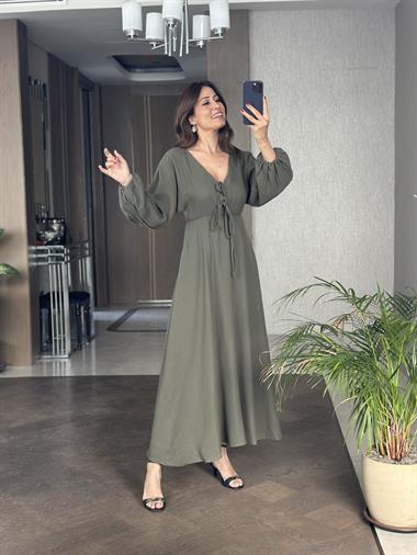 Haki Müslin Önü Bağcıklı Kol Ucu Lastikli Kadın Midi Boy Elbise