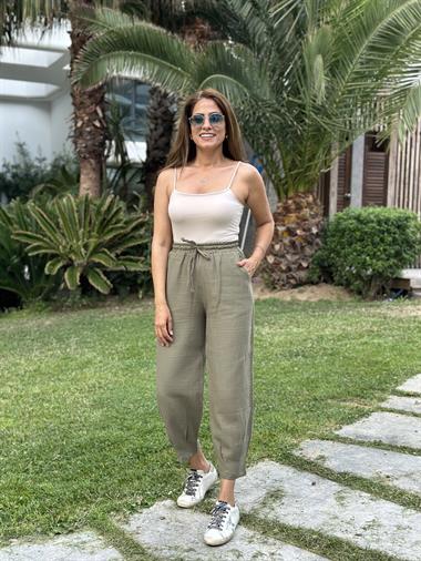 Haki Müslin Paça Pensli Kadın Pantolon