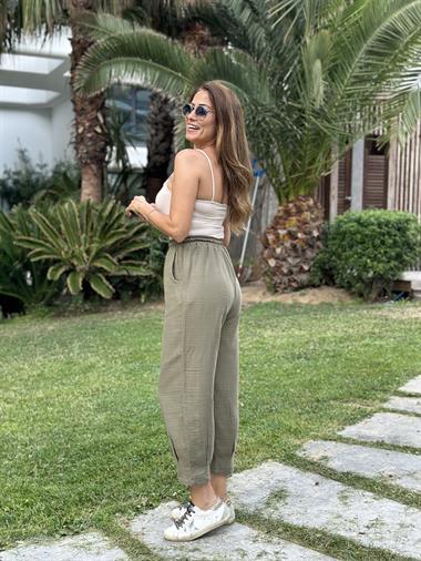 Haki Müslin Paça Pensli Kadın Pantolon
