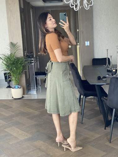 Haki Önü Düğmeli Midi Boy Tensel Etek