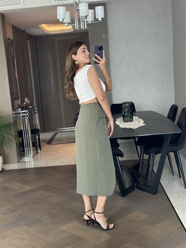 Haki Önü Fiyonk Detay Kadın Etek