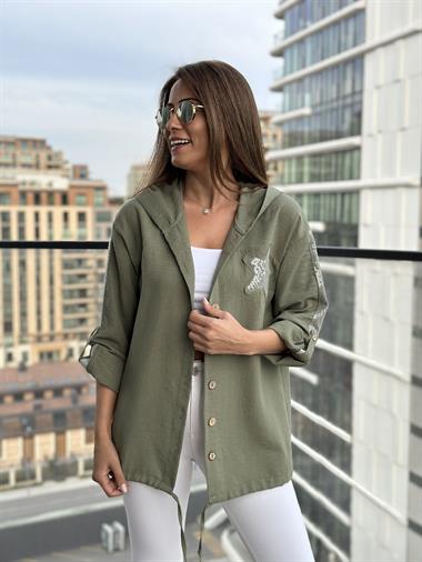 Haki Önü Yıldız İşlemeli Kapüşonlu Keten Aerobin Kadın Ceket