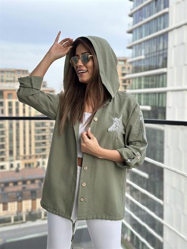 Haki Önü Yıldız İşlemeli Kapüşonlu Keten Aerobin Kadın Ceket