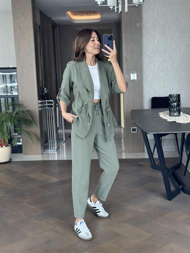 Haki Orjinal Marka Bağcık Detay Şal Yaka Ceket Pantolon Kadın Alt Üst Takım