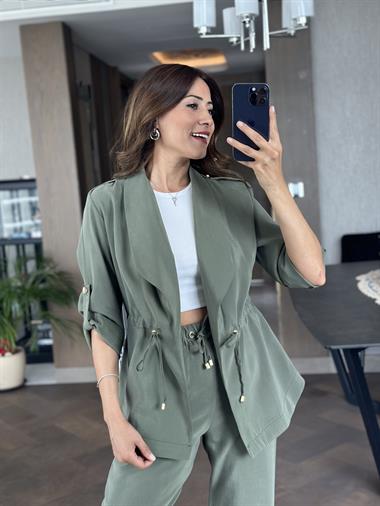 Haki Orjinal Marka Bağcık Detay Şal Yaka Ceket Pantolon Kadın Alt Üst Takım