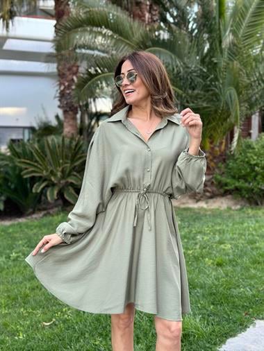 Haki Yarım Düğmeli Beli Lastikli Kadın Gömlek Elbise