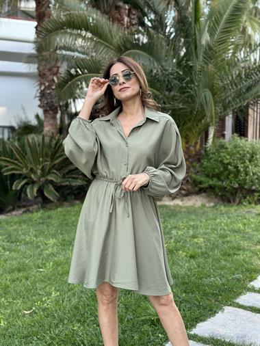 Haki Yarım Düğmeli Beli Lastikli Kadın Gömlek Elbise