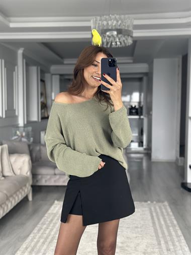 Haki Oval Yaka Uzun Kol Kadın Triko Kazak